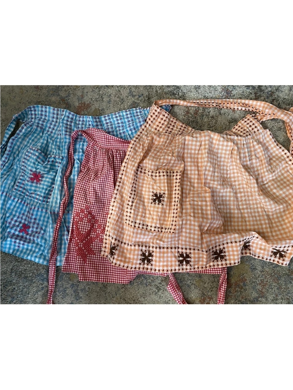 3 Vtg Half Aprons Turquoise Blue, Orange, Red Gingham Check MCM Cross Stitch